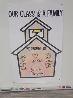 a sign that says our class is a family with a house on top and a bell above it