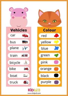 a poster with words and pictures on it that say vehicles, cars, and trucks