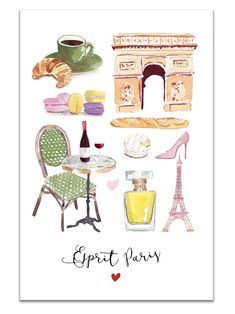 a card with an illustration of the eiffel tower and other things on it