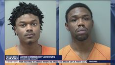 two men in orange shirts are mug shots