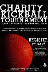 a poster for charity kickball tournament featuring a red ball on black and white background