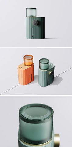 three different colored containers with lids on them