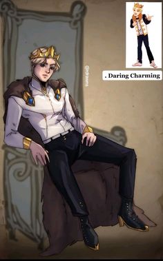 a drawing of a man sitting on top of a chair next to a sign that says daring charming