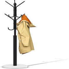 a coat rack with an orange jacket hanging on it's side and a black pole holding two coats