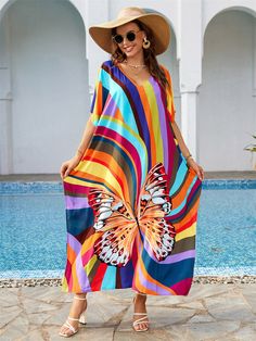 Cotton Colorful Stripe Butterfly Print Beach Coverup Robe Style Holiday Sunscreen Shirt Swimwear Coverup Beach Kaftan Dress, Swimwear Coverup, Morning Dress, Beach Blouse, Beach Kaftan, Print Swimwear, Boho Print, Kaftan Dress, Swimwear Cover