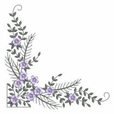 a cross stitch pattern with purple flowers and green leaves on the bottom half of it