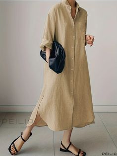 Peilia - Stylish Plus Size Womens Solid Button Up Maxi Shirt Dress with Long Sleeves and Turn Down Collar Casual Dress With Spread Collar And Buttons, Casual Dress With Buttons And Spread Collar, Collared Beige Shirt Dress With Buttons, Beige Collared Shirt Dress With Buttons, Beige Button Shirt Dress For Daywear, Casual Beige Shirt Dress With Buttons, Casual Shirt Dress With Spread Collar And Buttons, Casual Spread Collar Shirt Dress With Buttons, Casual Collared Shirt Dress With Covered Buttons