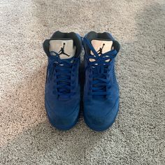 Never Used Before Jordan Retro 5 Blue Mid-top Jordan Shoes With Rubber Sole, Casual Blue Mid-top Jordan Shoes, Blue Jordan Shoes With Boost Midsole, Blue Jordan Shoes For Streetwear With Round Toe, Blue Lace-up Jordan Shoes With Boost Midsole, Blue Mid-top Jordan Shoes With Cushioned Footbed, Casual Blue Jordan Shoes For Streetwear, Blue Synthetic Jordan Shoes For Streetwear, Casual Blue Jordan Shoes With Rubber Sole