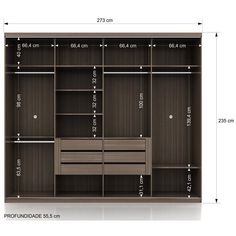 the measurements for a closet with drawers and shelves