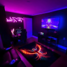 a living room filled with furniture and a neon lit tv screen in the middle of it