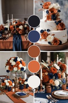 the wedding cake is decorated with orange, blue and white flowers in shades of navy