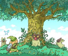 an image of some cartoon characters in the grass under a tree with butterflies flying around