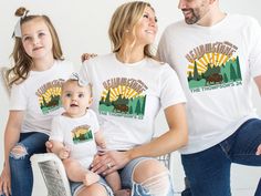 Celebrate the family road trip, vacation to Yellowstone or group celebration in this personalized family matching Yellowstone National Park shirt.   The vacation shirt is available in white and in adult (unisex), youth, toddler and baby (body suit) styles - see details below. Note - the baby body suit is a different material to the shirts and so the print color will vary just slightly. It is the perfect custom Yellowstone gift for him, her and families. It is comfortable and versatile as a campi Camp Shirts, Vacation Tshirts, National Park Shirt, Hiking Shirts, Body Suit, Vacation Shirts, Camping Shirt, Yellowstone National Park, Suit Fashion