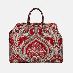 ELIZABETH Red Mary Poppins Weekender carpet bag MCW Handmade Red Luxury Satchel With Leather Handles, Luxury Red Satchel With Leather Handles, Luxury Tapestry Bags For Formal Occasions, Luxury Tapestry Satchel, Red Tapestry Bag With Rectangular Shape, Red Tapestry Bag, Rectangular Shape, Red Tapestry Bags With Rectangular Shape, Red Tapestry Rectangular Bag, Mary Poppins Bag