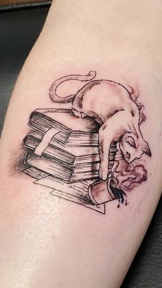 a cat is sitting on top of a stack of books with a knife in it's mouth