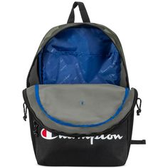 A contrast logo brings a sporty look to this understated Champion backpack, a comfy carry-all with a padded mesh back. A laptop sleeve takes care of this essential..Approx. dimensions: 18' x 12' x 6.5'.Interior: laptop sleeve.Exterior: logo, zip pocket at front; padded mesh back.Handles: adjustable shoulder straps; grab handle at top.Polyester.Spot clean only.Imported Outdoor Nylon Backpack With Logo Patch, Nylon Backpack With Logo Patch, Nylon Backpack With Logo For Everyday Use, Everyday Nylon Backpack With Logo, Functional Outdoor Backpack With Logo, Sporty Nylon Backpack For Streetwear, Nylon Backpack With Logo Patch For Streetwear, School Nylon Bag With Logo, Sporty Backpack With Logo Patch