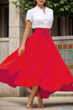 Orcajump - Sleek Solid Color Flared Belted Midi Skirt Red Flared Skirt For Summer, Casual Red Long Skirt, Red Casual Midi Skirt, Casual Red Midi Skirt, Fitted Red Maxi Skirt For Summer, High Waist Red Lined Maxi Skirt, Red High Waist Lined Maxi Skirt, High Waist Red Maxi Skirt With Lining, Casual Red Full Skirt Bottoms