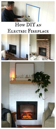 how to build an electric fireplace in the living room with pictures and text overlays