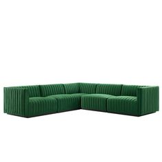 a green sectional sofa with four seats and one end facing the camera, on a white background