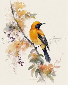 a watercolor painting of a bird on a branch with leaves and flowers in the background