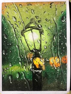 a painting of two people standing under a street light in the rain with orange fish