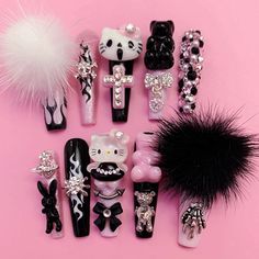 Paznokcie Hello Kitty, Nail Piercing, Cute Acrylic Nail Designs, Crazy Nails