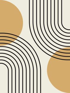 an abstract design with lines and circles in gold, black and white colors on a beige background