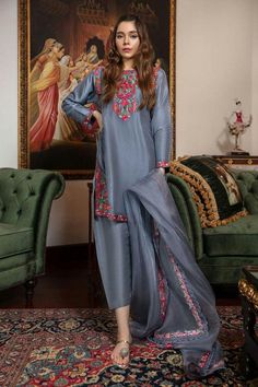 Beautiful embroidered kurti pant suit for festive, wedding, sangeet, formal party, elegant party wear, Pakistani designer plus size kurti pant suit,grey short silk tunic,multicolored floral embroidery.  Beautiful grey silk short kurti has multicolored resham thread embroidery with straight pant and embroidered orgenza Dupatta.  Please Note 📝 We have option for dupatta embroidery, you can choose as per your budget.  🌸Plain dupatta will have scalloped borders on all for sides 🌸Embroidery dupatt Pak Suits, Embroidered Outfit, Kurti Dupatta, Random Clothing, Blue Honey, Punjabi Suit Boutique, Eastern Wear, Maharani Designer Boutique, Ethnic Clothes