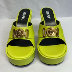 Never Worn.To Prevent Any Illegal Returns There Is A Line Through The Designer Name. Luxury Green Sandals With Padded Heel, Luxury Green Heels With Padded Heel, Luxury Green Platform Heels, Designer Green Platform Heels, Luxury Green Sandals With Round Toe, Luxury Green Round Toe Sandals, Luxury Wedge Heels With Leather Sole, Luxury Green Leather Sandals, Versace Shoes