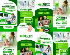 several medical adverts are displayed in green and white colors, including the words medicam