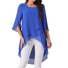 This blouse is perfect for both day and evening occasions, adding a touch of elegance and style to any wardrobe. The 3/4 sleeve and asymmetrical hem details add a bit of charm. Made of 100% Polyester, it features a soft, lightweight, and breathable chiffon fabric. The high-low hem design shapes your figure perfectly, and the bell sleeve adds a touch of feminine style. Suitable for casual, work, vacation, parties, clubs, office, daily wear, and other occasions. Matches well with skinny jeans, sho Blouses Long Sleeve, Design Shapes, Work Vacation, Comfy Blouse, Asymmetrical Shirt, Chiffon Tunic, Tunic Tops Casual, Fashion Tops Blouse, Casual Tie