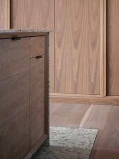 an empty room with wooden cabinets and carpeting on the floor in front of it