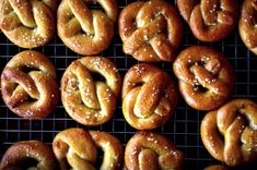 freshly baked pretzels on a cooling rack