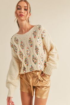 My Time To Shine Sweater – IZEL BOUTIQUE Knitting Things, Fall Sewing, Embellished Sweaters, Beaded Sweater, Ivory Sweater, Sequin Sweater, Fashion Attire, The One And Only, Sweater Pullover