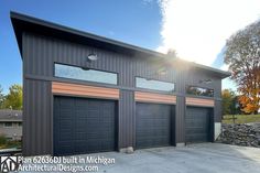 two garages are shown with the sun shining on them and trees in the background