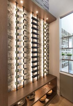 the wine rack is built into the wall