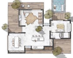 an overhead view of a floor plan with furniture and trees on the ground level,