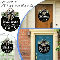 the front door is decorated with black and white cat decals that say welcome, we hope you like cats