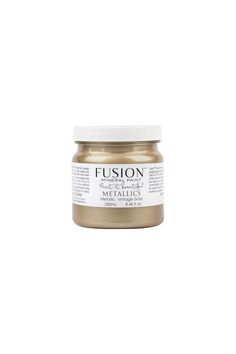 a jar of metallic paint with the words fuson written on it in gold and white