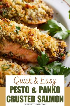 grilled salmon with pesto and panko crusted salmon on a white plate