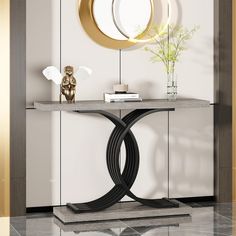 a modern console table with a circular mirror on the wall above it and a vase in front of it