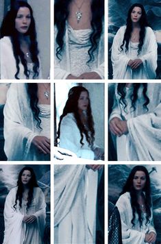 many different pictures of a woman with long hair and white dress, in various poses