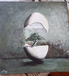 a painting of a tree growing out of a large white ball on top of a table