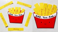 two pictures with yellow sticky notes attached to them, one has a red bucket and the other says dad you are