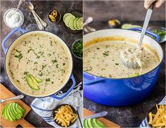 two pictures showing different types of soup in blue dishes with lime wedges on the side