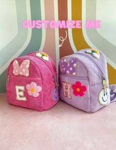 "Welcome to Noa Jayne Co where we specialize in personalized backpacks for kids and toddlers! All full sized backpacks are fully customizable and come with sewn on patches to ensure long lasting durability. Please note that our mini backpacks come with ironed on patches. Our backpacks are perfect for daycare, school, traveling, and make for the cutest diaper bag. The perfect personalized gift for kids!  Backpack Details *Overall: 7.08\" wide x 4.33\" deep x 7.48\" tall *Corduroy material *Polyes Pink Bags For Back To School, Cute Pink Backpack For School Events, Adjustable Pink Backpack For Back To School, Pink Adjustable Backpack For Back To School, Playful Personalized Bags For End Of School Year, Adjustable Pink School Bag, Customizable Multicolor Bag For Back To School, Customizable Multicolor Back-to-school Bag, Playful Personalized Back-to-school Bag