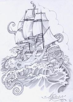 a drawing of a ship in the ocean with an octopus on it's side