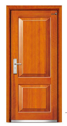 a wooden door with a metal handle on the left and right side paneled in wood