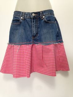 a skirt made out of jeans and plaid fabric