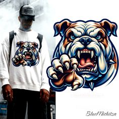 a man standing next to a white shirt with an image of a bulldog on it